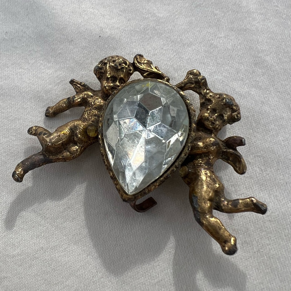 Vintage Gold Cherub Brooch with Crystal Accent